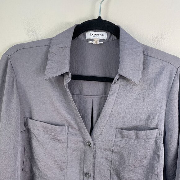 Express Portofino Shirt Womens Medium Slim Fit Gray Crinkled Roll Tab Sleeve Top - Picture 2 of 7